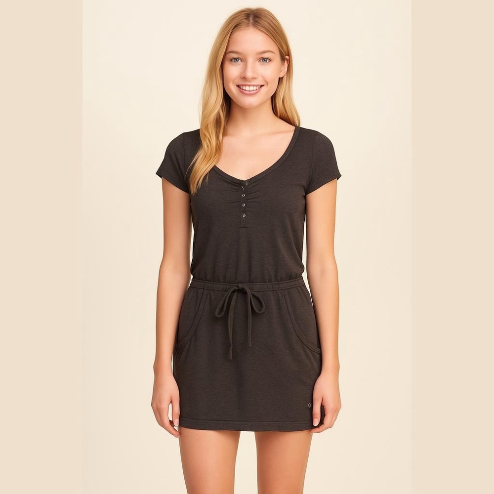 Hollister Brown T-Shirt Tee Dress Size Medium Pockets Drawstring Waist V Neck
